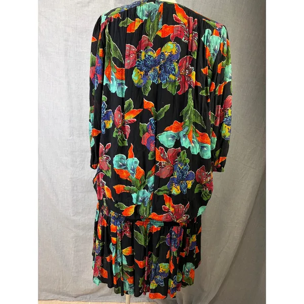 Vintage Sharon Anthony Black Floral Drop Waist Dress Made‎ in USA 16W 80s - Image 7
