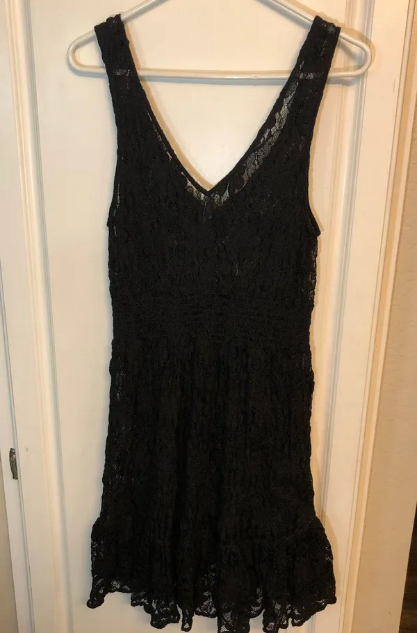 Free People sheer black floral lace mini dress with a beaded v-neck - Image 10