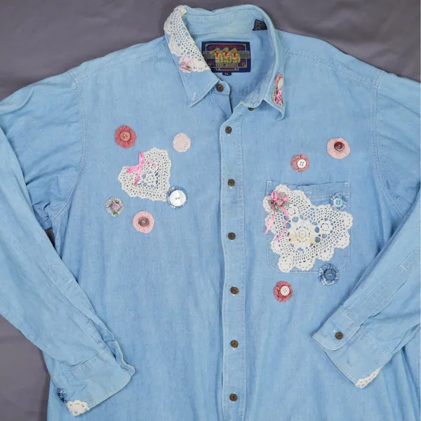 Vintage Chaps Ralph Lauren Denim Shirt XL Custom Handmade Lace Cottagecore‎ DIY - Image 11