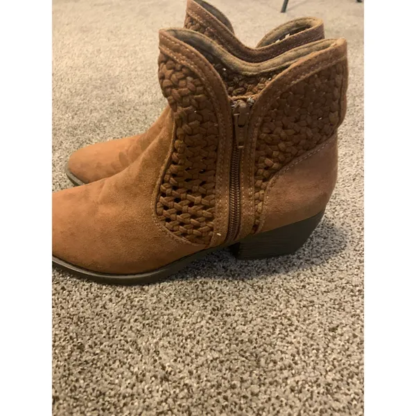 Mudd Ankle Boots Womens 8 Brown Good Woven Faux Suede Pointed Toe Stacked Heel - Image 7