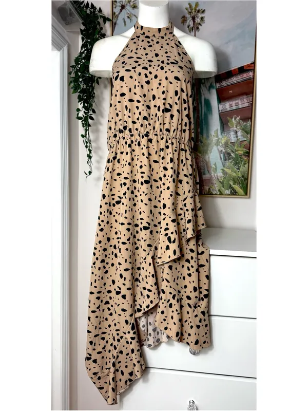 Shein Beige Black Cheetah Print Halter Ruffle Asymmetric Dress XL 12 Stretch - Image 3