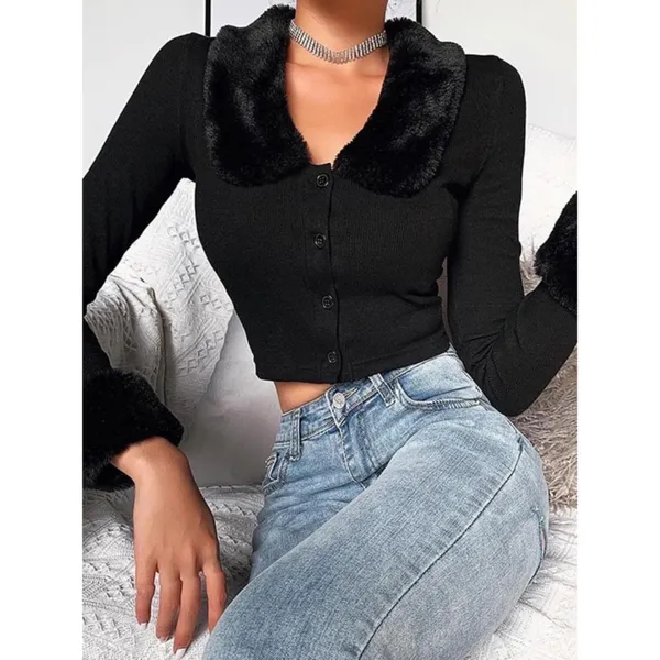 Black Faux Fur Trim Sleeves & Collar Button Up Crop Y2K 90s Style Sweater - Image 2