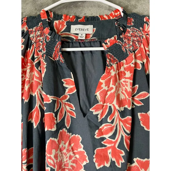 Evereve Navy Coral Floral 100% Cotton Puff Sleeve Belted Tiered Mini Dress M - Image 2