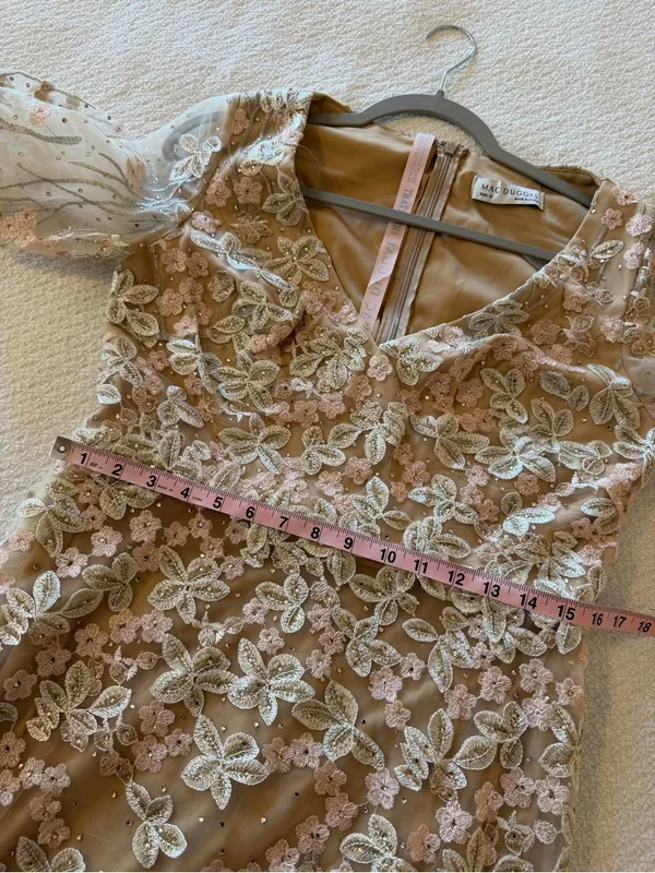 Mac Duggal Floral V Neck Long Sleeve Trumpet Gown 10 NEW Ivory Nude - Image 8