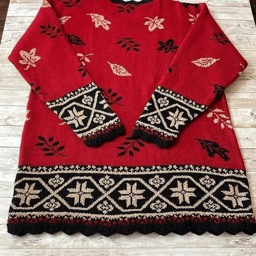 Vtg 90s Sweater‎ Womens Small Red Leaves Scalloped Hem USA Grandmacore Cabincore - Image 13