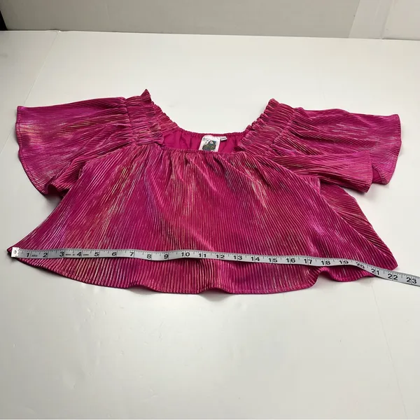 Queen Of Sparkles Pink Fuchsia Metallic Pleated Crop Off-Shoulder Top‎ 2XL *FLAW - Image 7