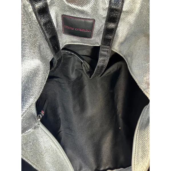 Victorias Secret Metallic Silver Black Tote Bag Large Travel Beach Gym Zip‎ Top - Image 4