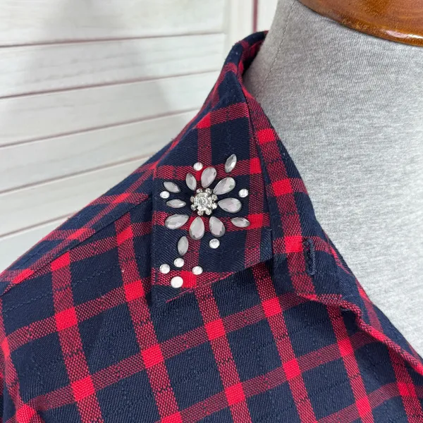 Zara Plaid Beaded Collar Oversized Pullover‎ Tunic Shirt Dress Red Blue XS - Image 7