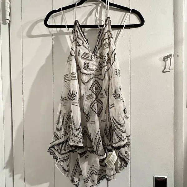 FREE PEOPLE NWT SUNSET TANK Embroidered White and Black Women's Halter Top - Image 3