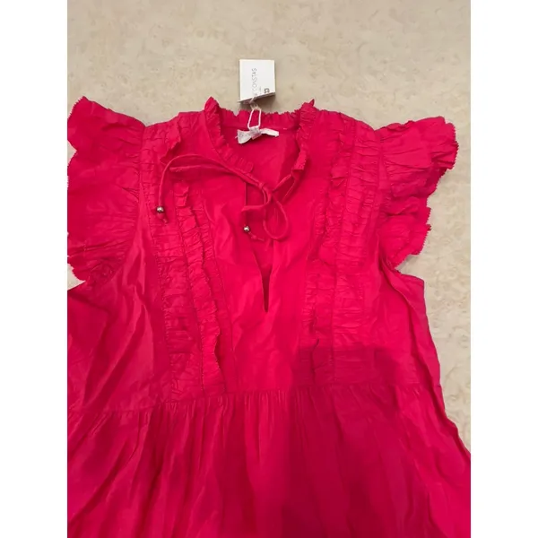 Caroline Constas Designer Tiered Ruffled Mini Dress Hot‎ Pink 100% Cotton - Image 6
