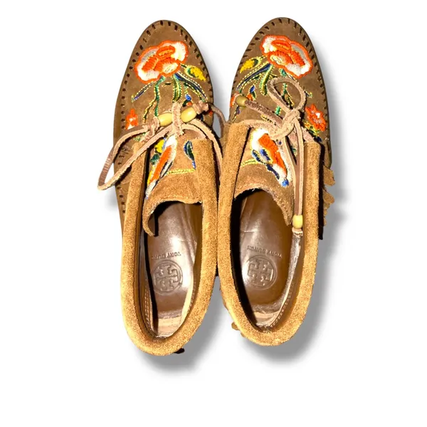 Tory Burch Huntington Moccasins Size 7 Brown Suede Embroidered Fringe‎ Boho - Image 7