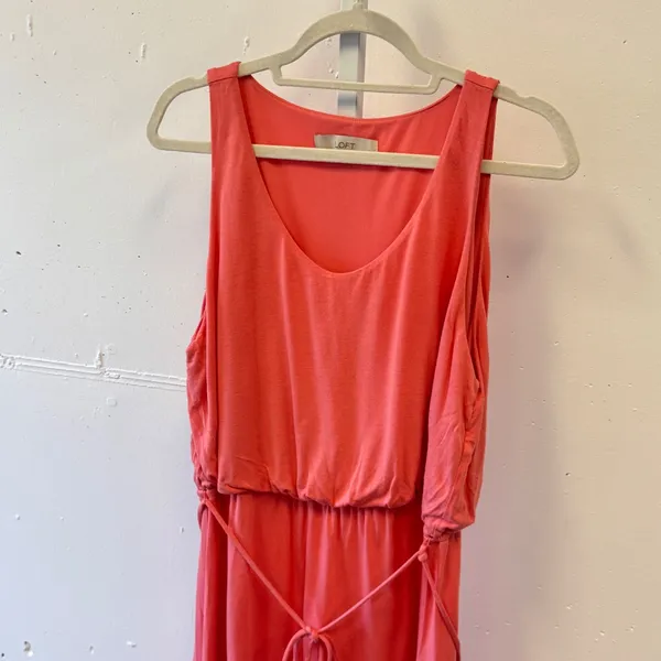 LOFT Peach Sleeveless Drawstring Waist Ruffle Hem Dress Coral Pink Sz Large Soft - Image 3