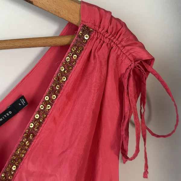 The Limited 100% Silk Coral Pink + Gold Beaded Layered Ruffle Blouson Tank Top - Image 6