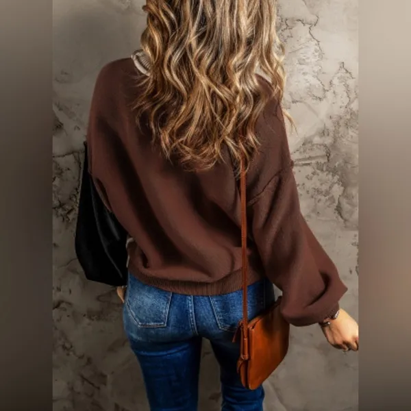 NEW Brown Black and Tan Colorblock Bishop Sleeve Sweater - Image 4