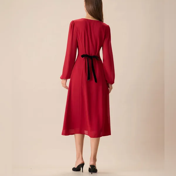 Rihoas Women's Red V-Neck Puff Sleeve Slit Midi Dress - Image 4