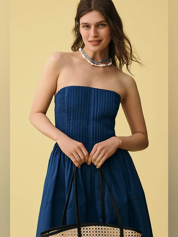 By Anthropologie Cotton Poplin Strapless Midi Dress Blue - Image 3