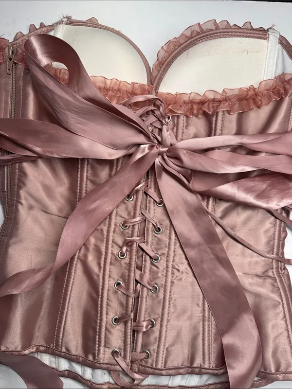 Women's Satin Lace-Up Bustier Corset Dusty Rose M bow tie sexy feminine lace - Image 3