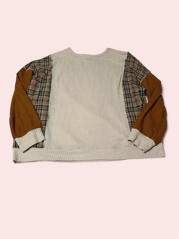 ANDREE BY UNIT Cream Knit & Brown Plaid Sleeve Sweatshirt - Image 2
