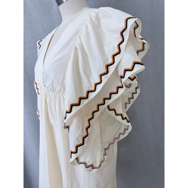 La Lavon Mini Dress Cream Embroidered Flutter‎ Sleeve Empire Waist Large L - Image 7