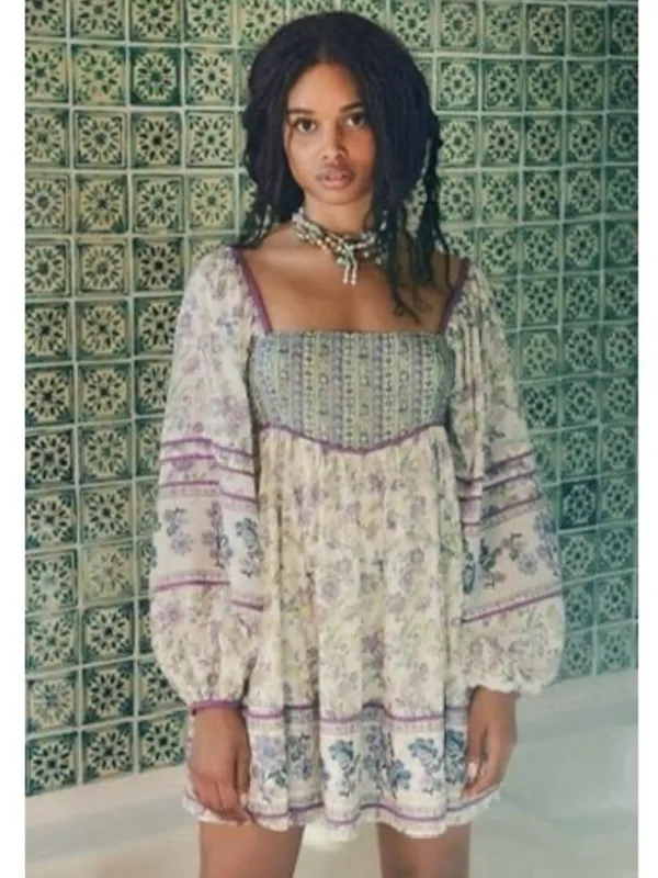 Free People Bohemian Retro 70s Endless Afternoon Floral Mini Dress Large - Image 2