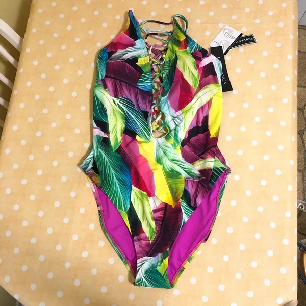 NEW La Blanca Tropic of Day Tummy Control Multi colored Leaf Print Swimsuit 10 - Image 4