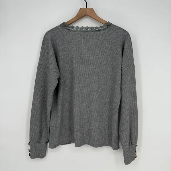 Gray Ribbed Long Sleeve Lace Trim V-Neck Button Cuff Casual‎ Top Women's L - Image 6