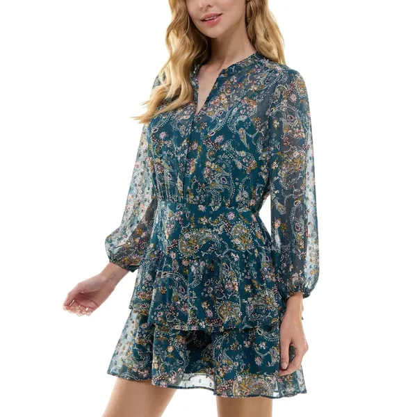 NWT City Studios Juniors Tiered Chiffon Fit & Flare Dress Teal Blue / Rust XL - Image 3