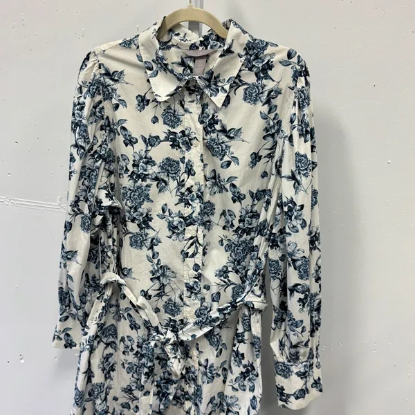 H&M Floral Cotton Shirt Tunic Dress XL Button Down Long Sleeve Belted Blue White - Image 4