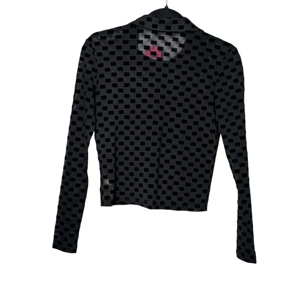 Edikted Black Checkered Velvet Flocked Sheer Mesh Button Down Top S11731 Small - Image 2