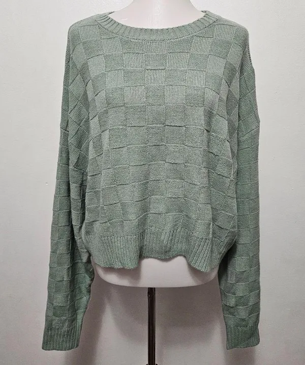 Double Zero Sage Basketweave Cropped Oversized Crewneck Sweater Size Large - Image 2