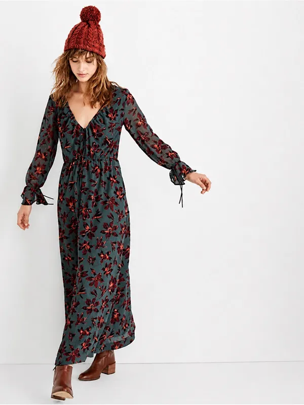 Madewell Green Floral Winter Orchid Willowleaf Tie Sleeves Maxi Dress 10 - Image 3