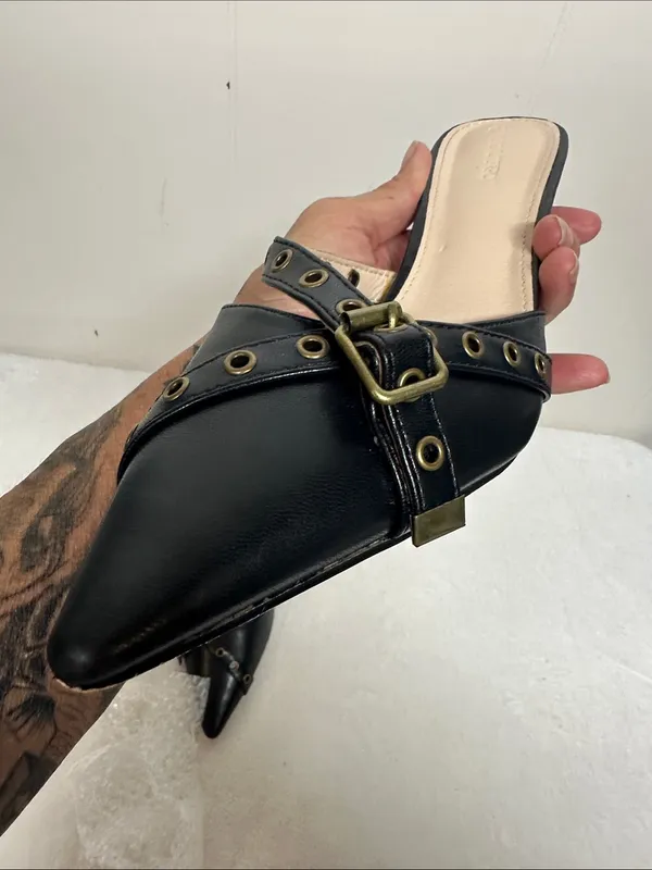 POINTIGO Black Pointed Mule Heels with Buckle Strap Detail - Image 6