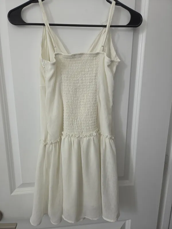 White Lace Trim V-Neck Mini Dress | Button Front Ruffle Hem - Image 3
