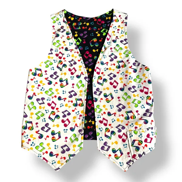 Vintage Handmade Reversible‎ Rainbow Music Note Vest Black White Colorful Notes Size M - Image 2