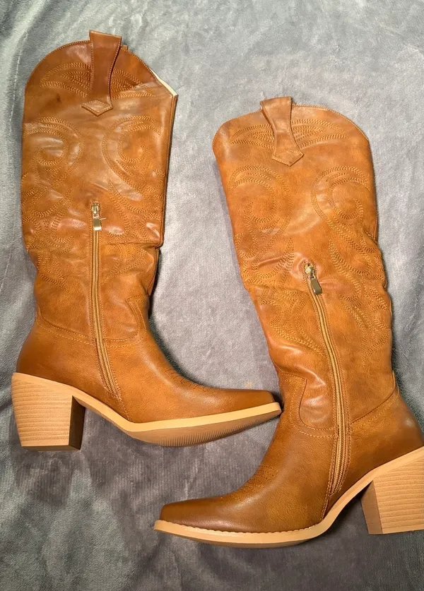 WETKISS Brown Embroidered Western Knee High Block Heel Boots Women Size 8 - Image 3