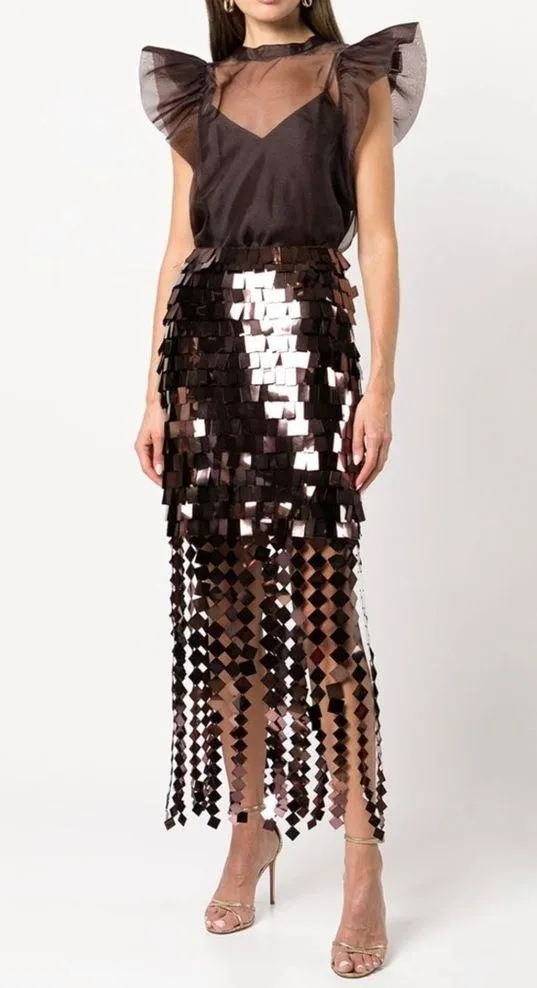 New JONATHAN SIMKHAI Lucee Paillette-Embellished High-Waisted Skirt in Chocolate - Image 5