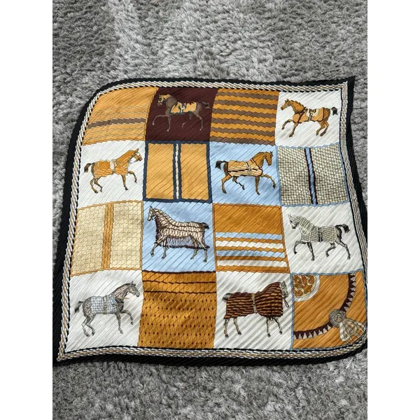 ⁠Vintage Pleated Scarf Equestrian Horse Print Gold Blue Yellow Square Neck Wrap⁠ - Image 2
