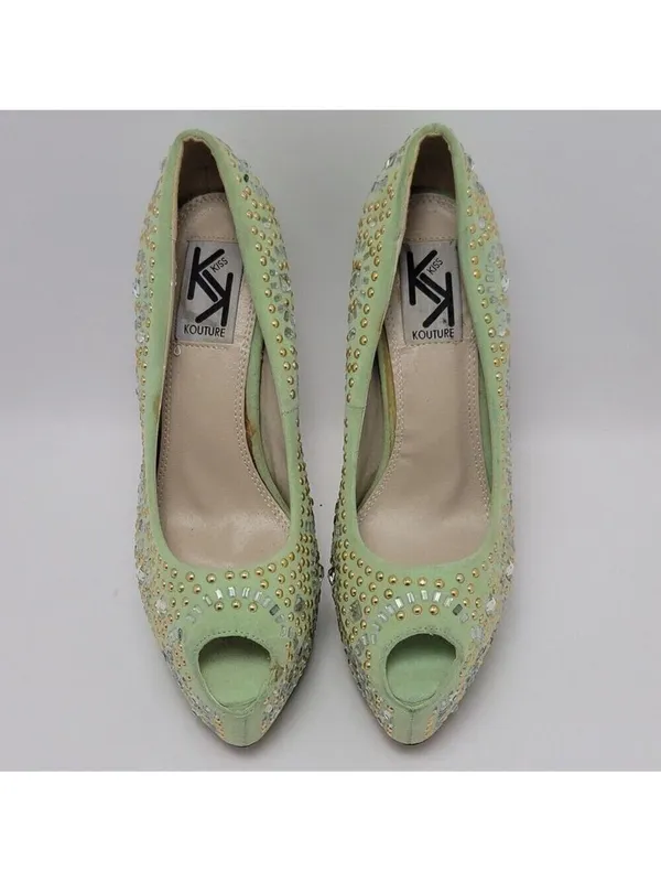Kiss Kouture Celine Light Mint Green Peep Toe Beaded Platform Heels Size 8.5 - Image 7
