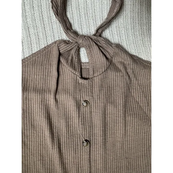Elite Collection Brown Ribbed Knit Short Sleeve Round Neck Button Tie Hem Top L - Image 2
