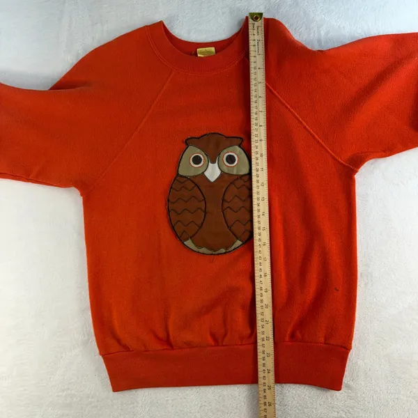 Vintage MCM M Medium Sweatshirt Owl Applique Raglan Pullover Orange Boho Kitschy - Image 11