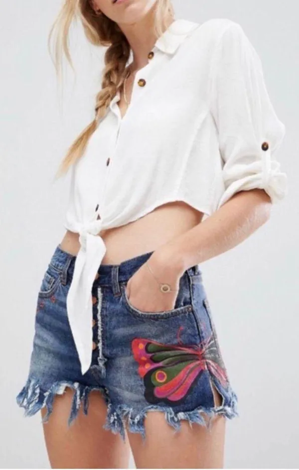 Free People Distressed Denim Butterfly Shorts - Image 2