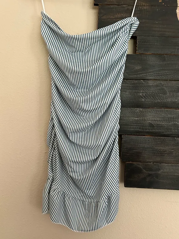 Edikted Gaia Gathered Mini Dress Strapless Striped Ruched Ruffle Hem - Image 3