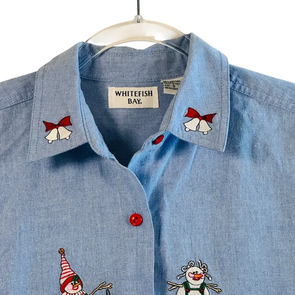 Vtg Christmas Snowman Shirt Chambray Denim Holiday Button‎ Down Top S Festive - Image 11
