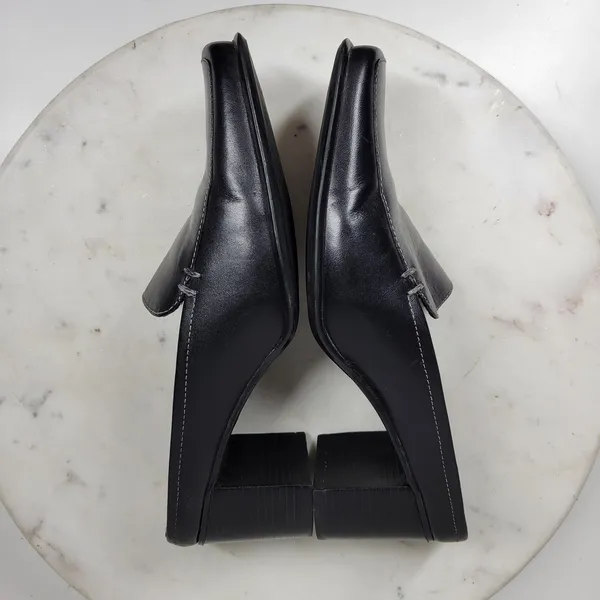 VTG Bass Artist Mules Womens 6 Black Leather Slip On Square Toe Block Heel 2003 - Image 13