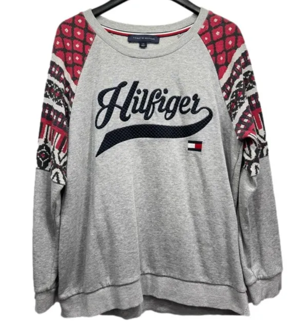 Tommy Hilfiger Gray Crewneck Sweatshirt Red Print Sleeves Navy Stitched Logo - Image 4