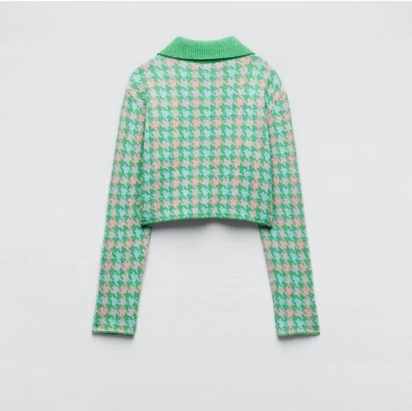 Zara Green‎ Pink Houndstooth Cropped Knit Cardigan Polo Collar Button Front M - Image 4