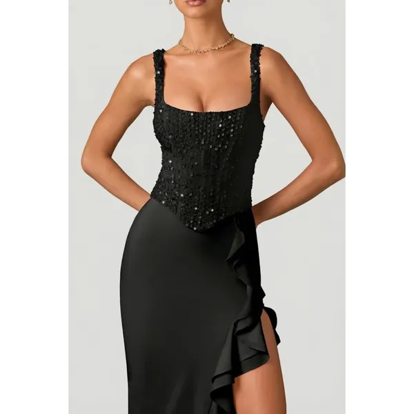 Oh Polly Robina Embellished Ruffle-Trim Corset Gown Maxi Dress in Black size 8 - Image 10