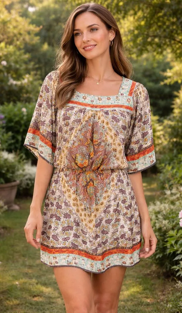 Johnny Was 100% Silk Floral Print Square Neck Boho Dress Size Large *FLAW* - Image 2