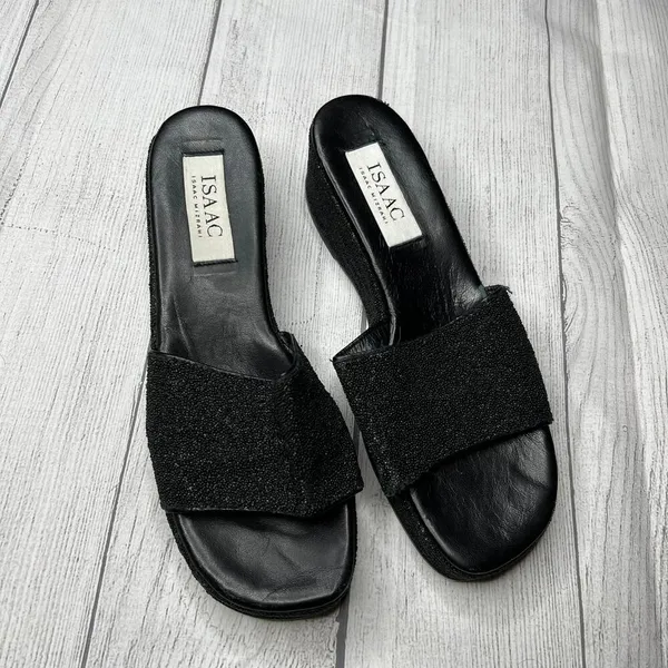 Isaac Isaac Mizrahi Black Platform Wedge Sandals Sparkle Italian Leather Sz 10B - Image 2