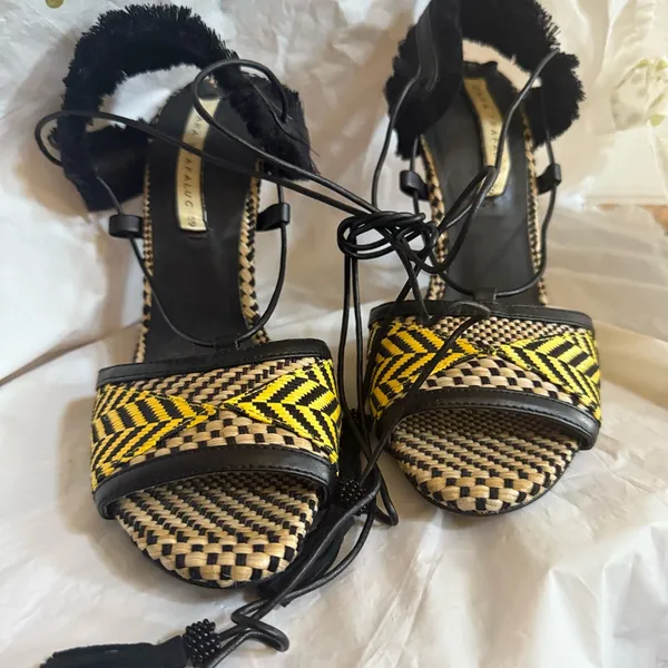 Zara Black and Yellow Woven Lace Up Sandals - Image 8
